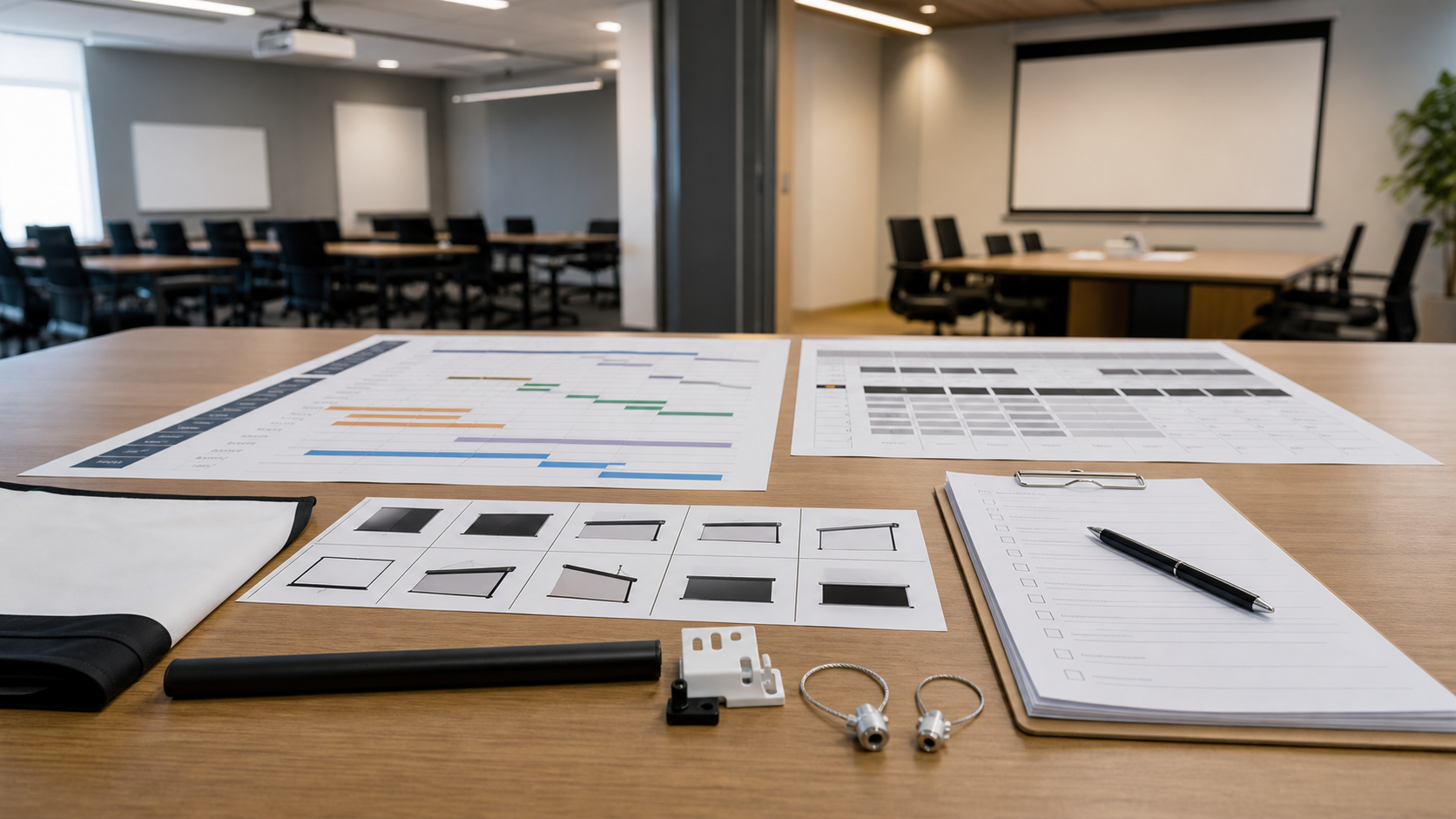 Projection screen room schedule, model matrix and quality control records