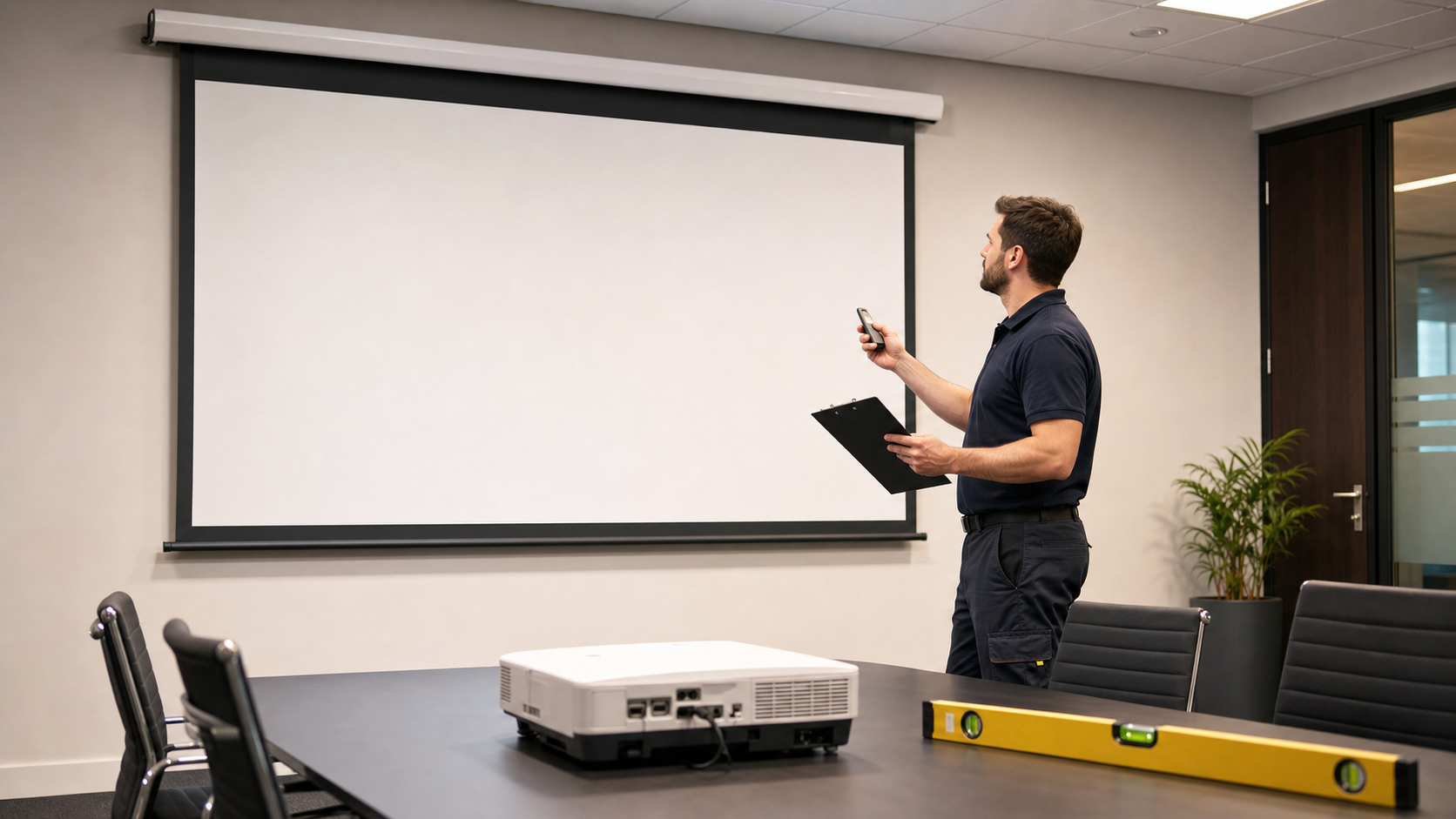 AV installer completing an on-site projection screen acceptance inspection