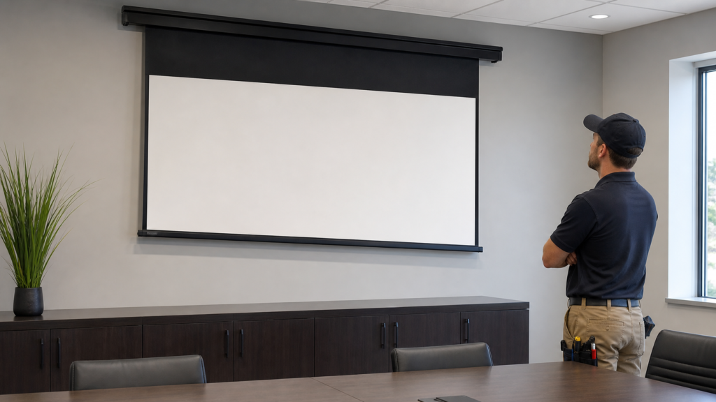 Motorized projection screen showing uneven retraction during a troubleshooting inspection
