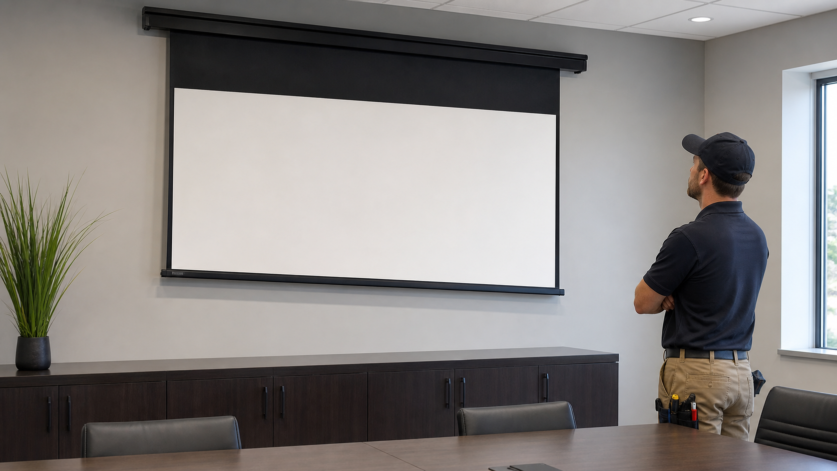Motorized projection screen showing uneven retraction during a troubleshooting inspection