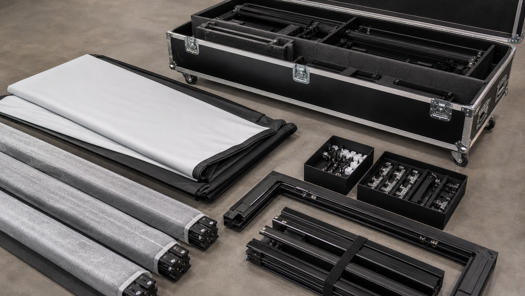 Fast-Fold projection screen frame, fabric and accessories organized inside a transport case