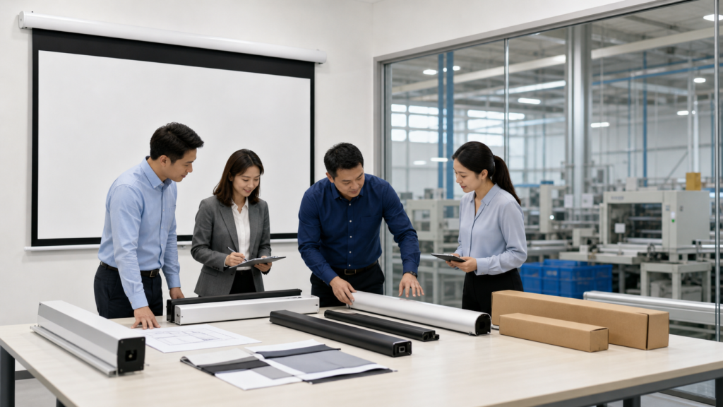 Distributor and factory team reviewing projection screen MOQ and SKU planning