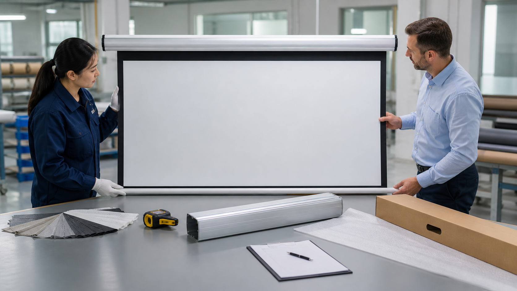 Importer checking projection screen samples and approval documents with a factory engineer