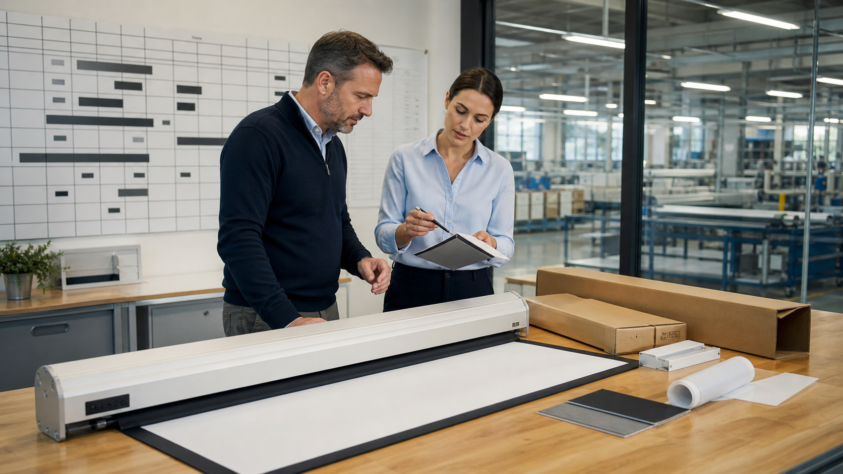 OEM buyer and production planner reviewing a projection screen manufacturing schedule