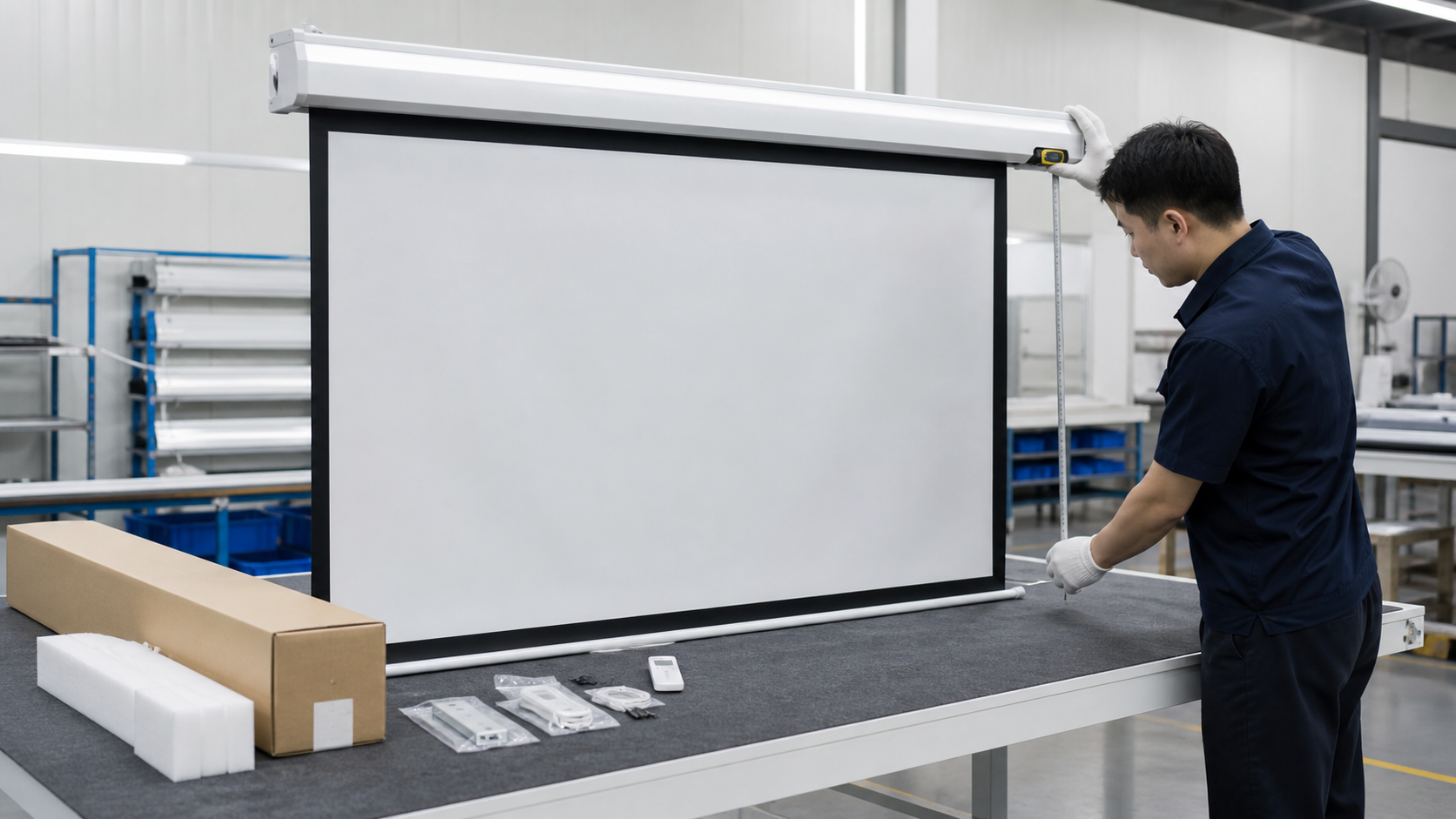 Quality inspector checking projection screen fabric, frame and packaging before shipment