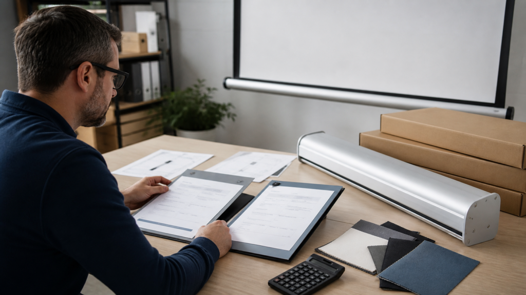 Procurement team comparing projection screen factory quotation scopes and samples