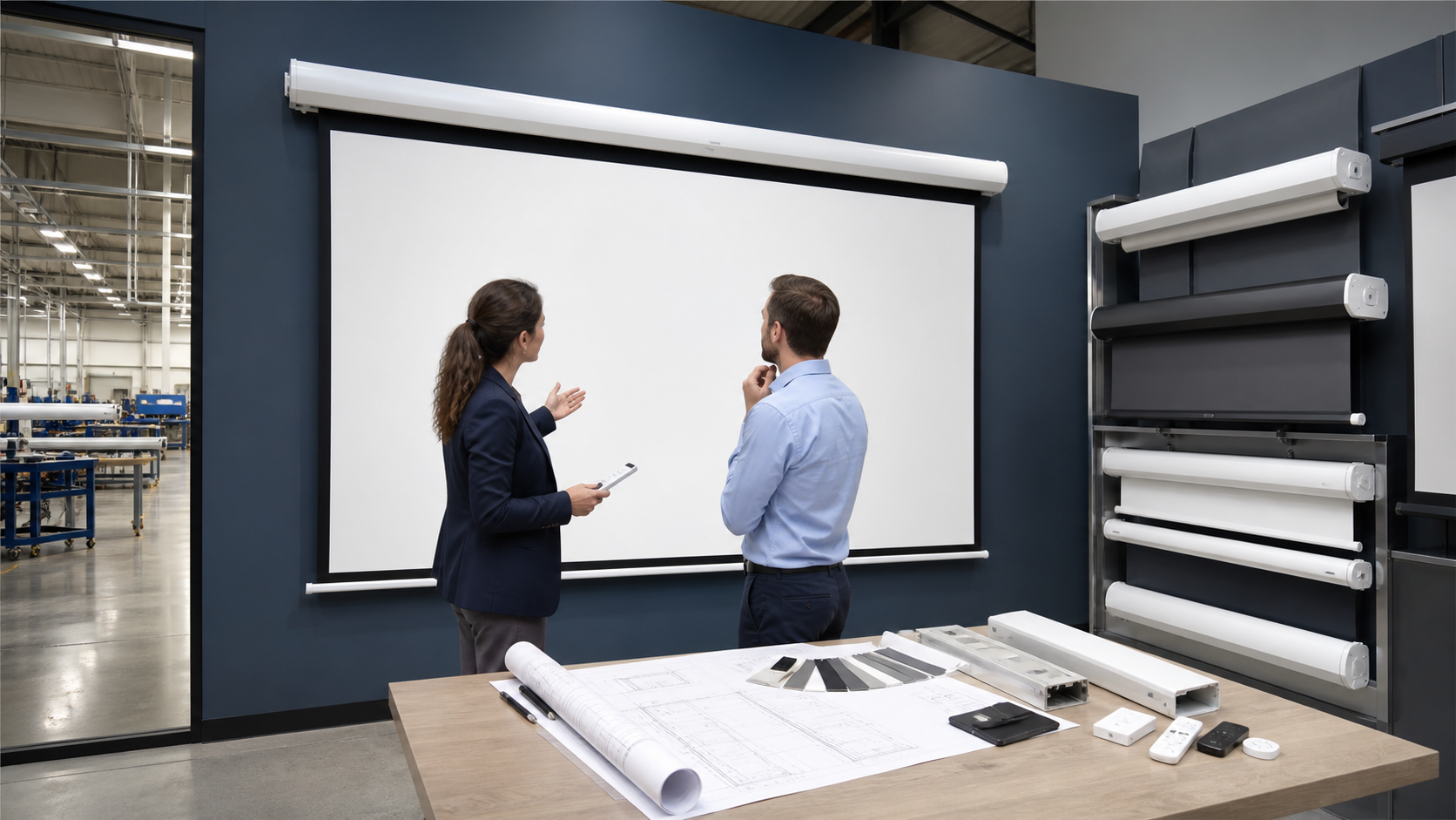 AV buyer evaluating motorized projection screen samples with a manufacturer engineer