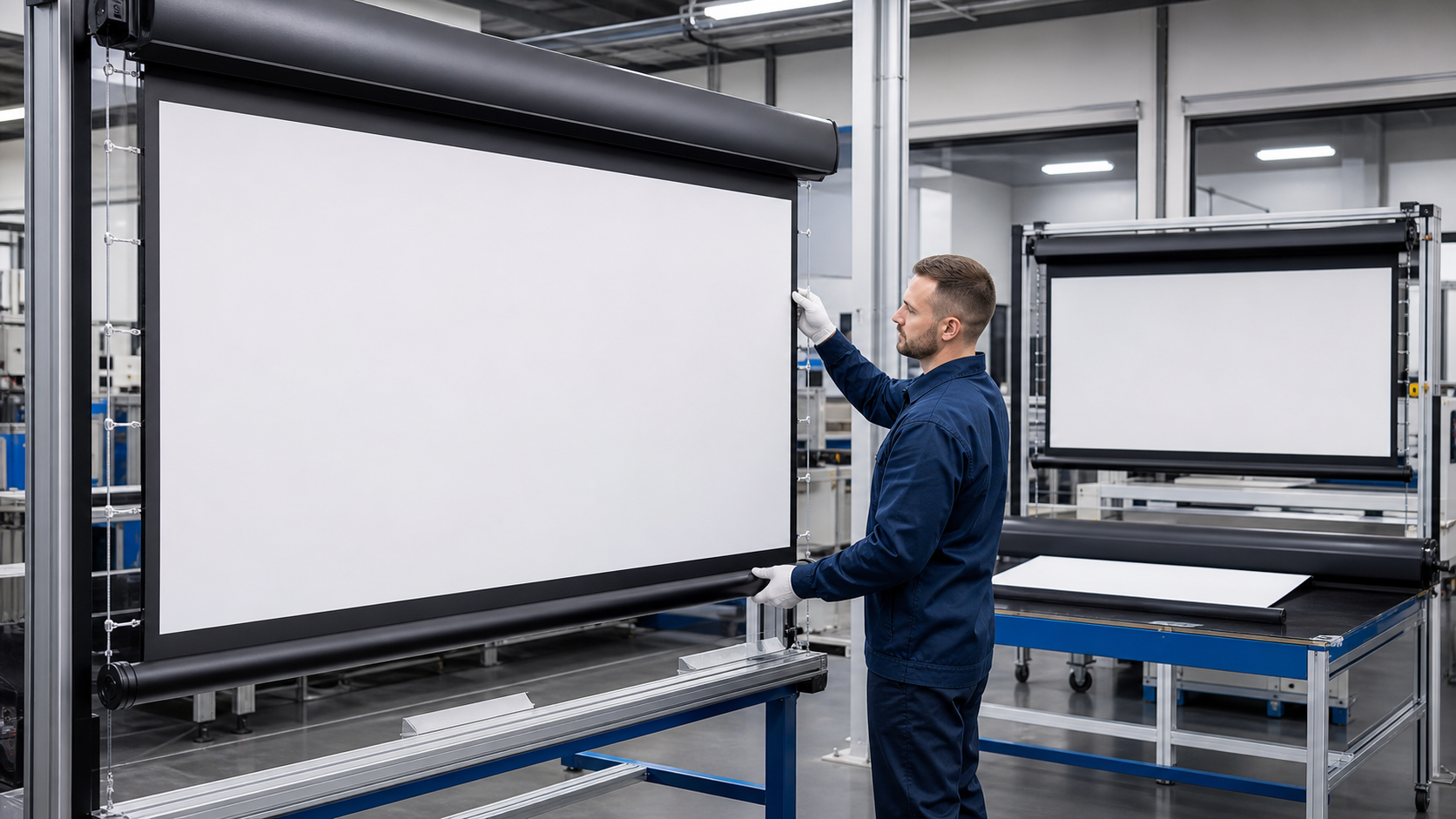 Factory technician inspecting tab-tension projection screen fabric and frame assembly