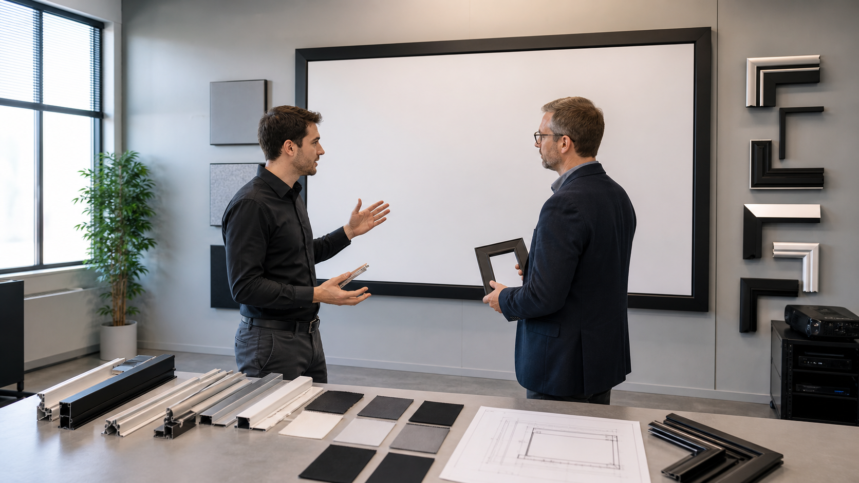 Distributor reviewing fixed frame projection screen profiles, materials and OEM options in a showroom