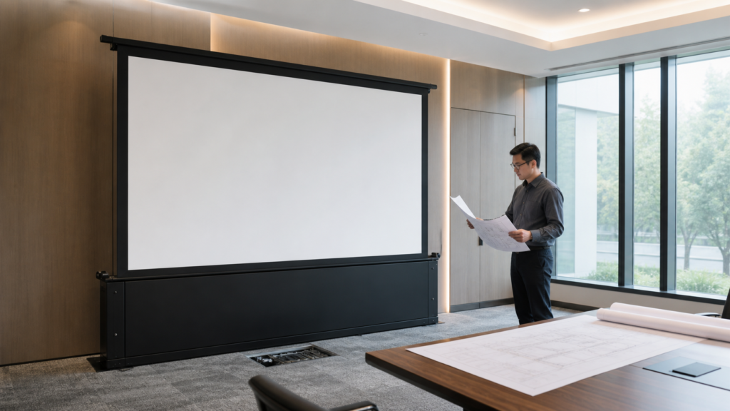 AV engineer reviewing a floor rising projection screen enclosure and OEM drawing in a conference room