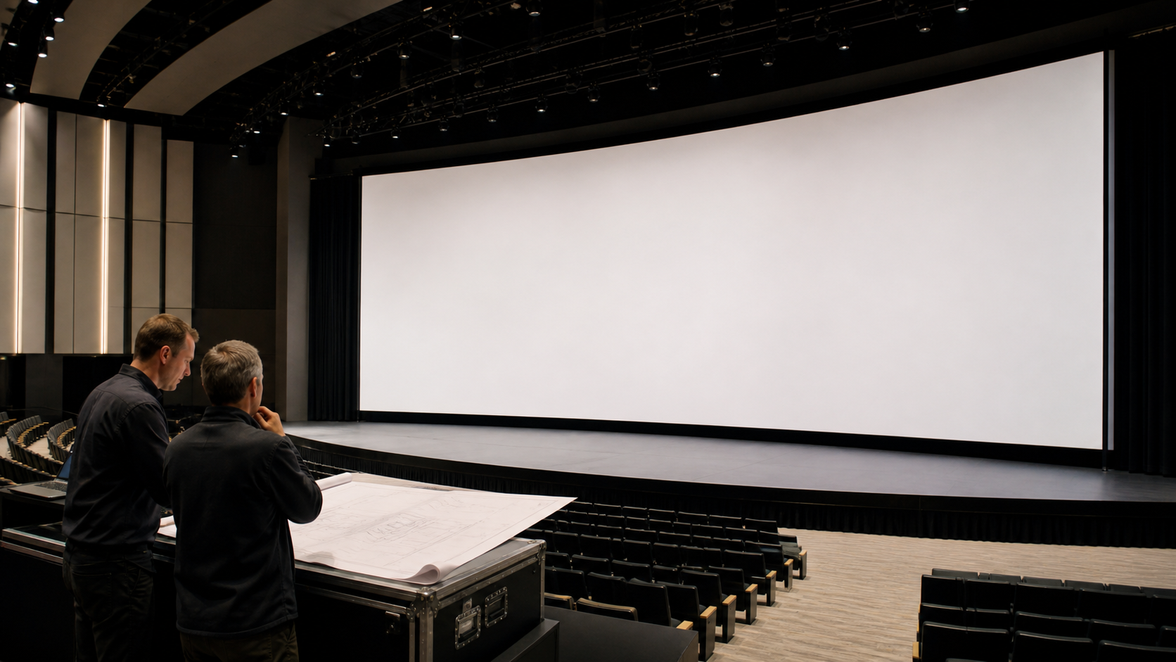 AV engineers reviewing a large curved projection screen installation plan in an auditorium