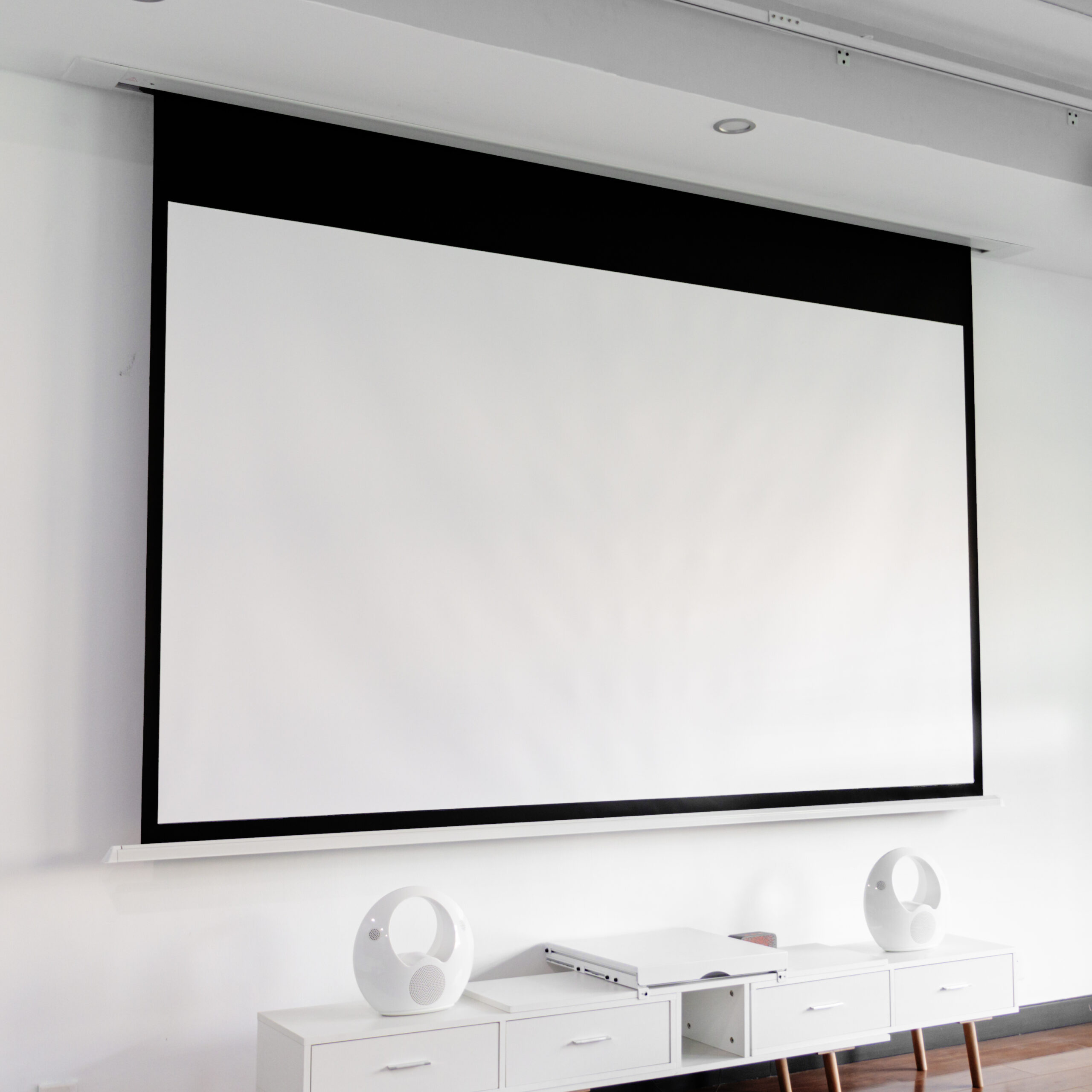 In-ceiling electric projection screen ceiling integration detail