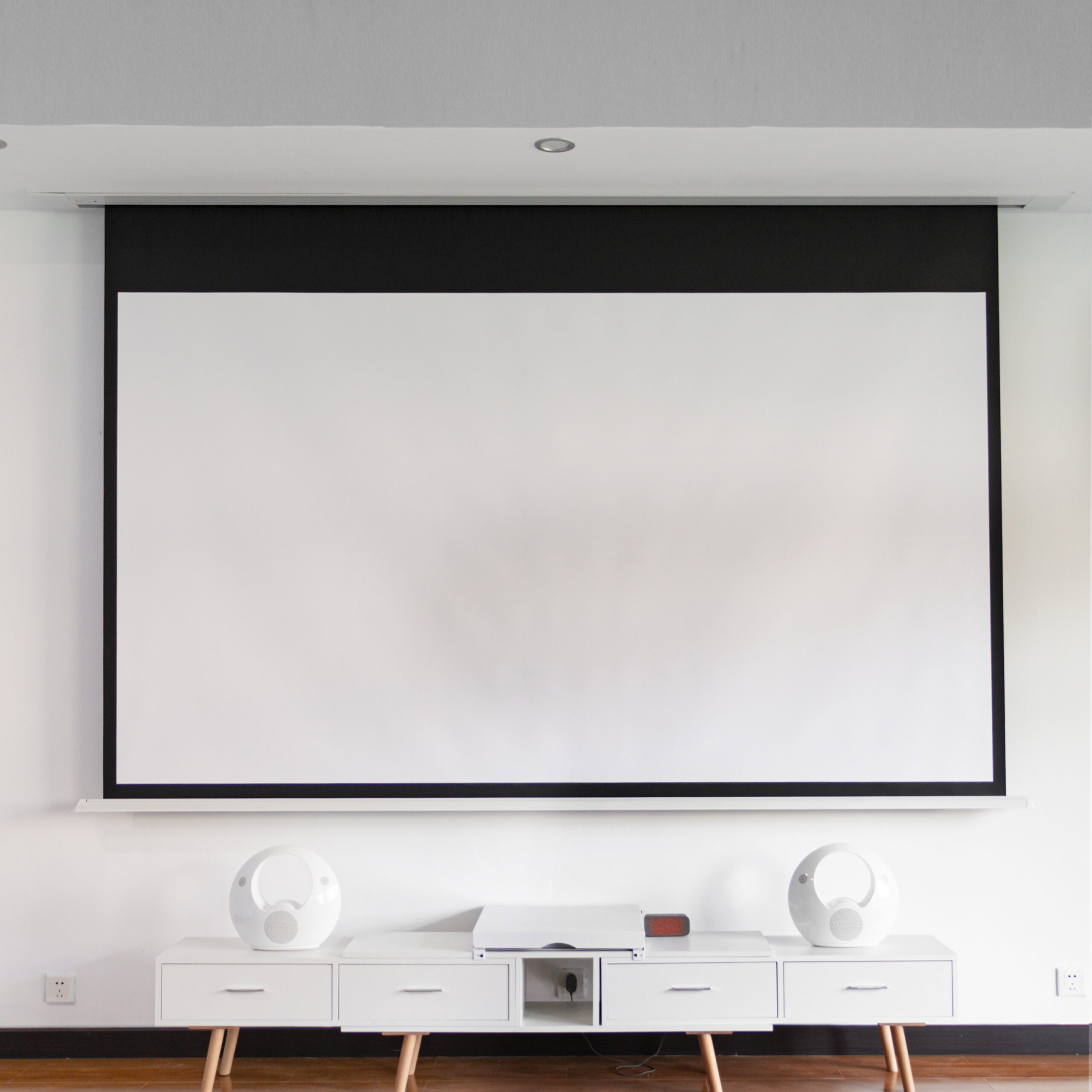 Installed in-ceiling electric projection screen interior view
