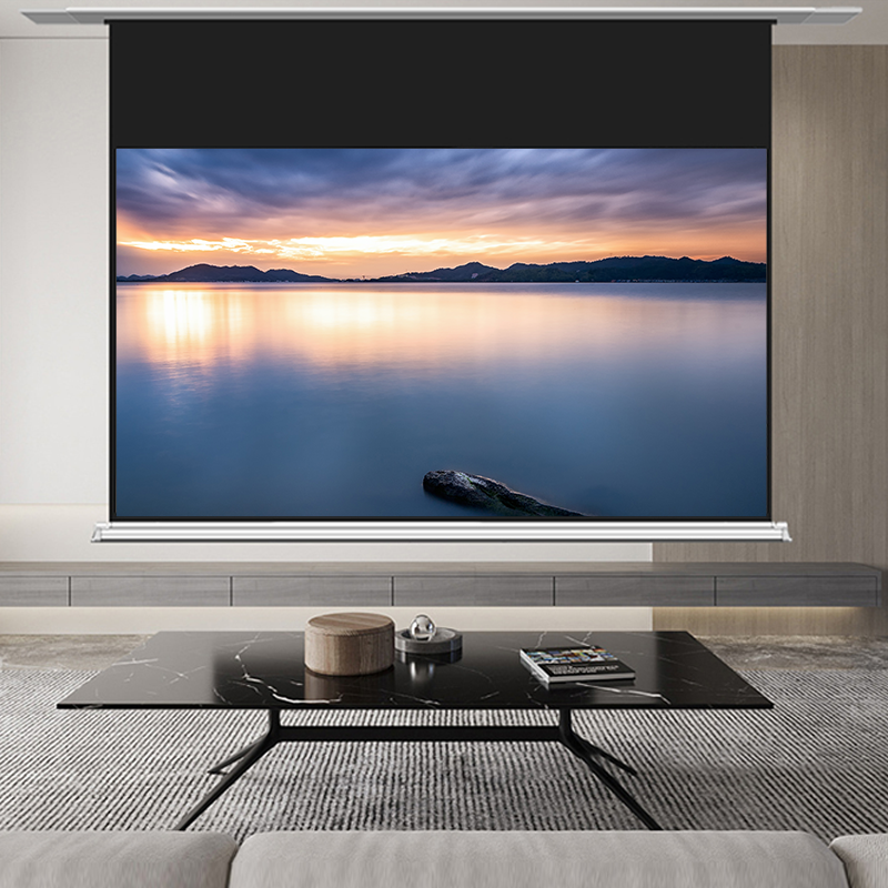 In-ceiling electric projection screen in a contemporary living room