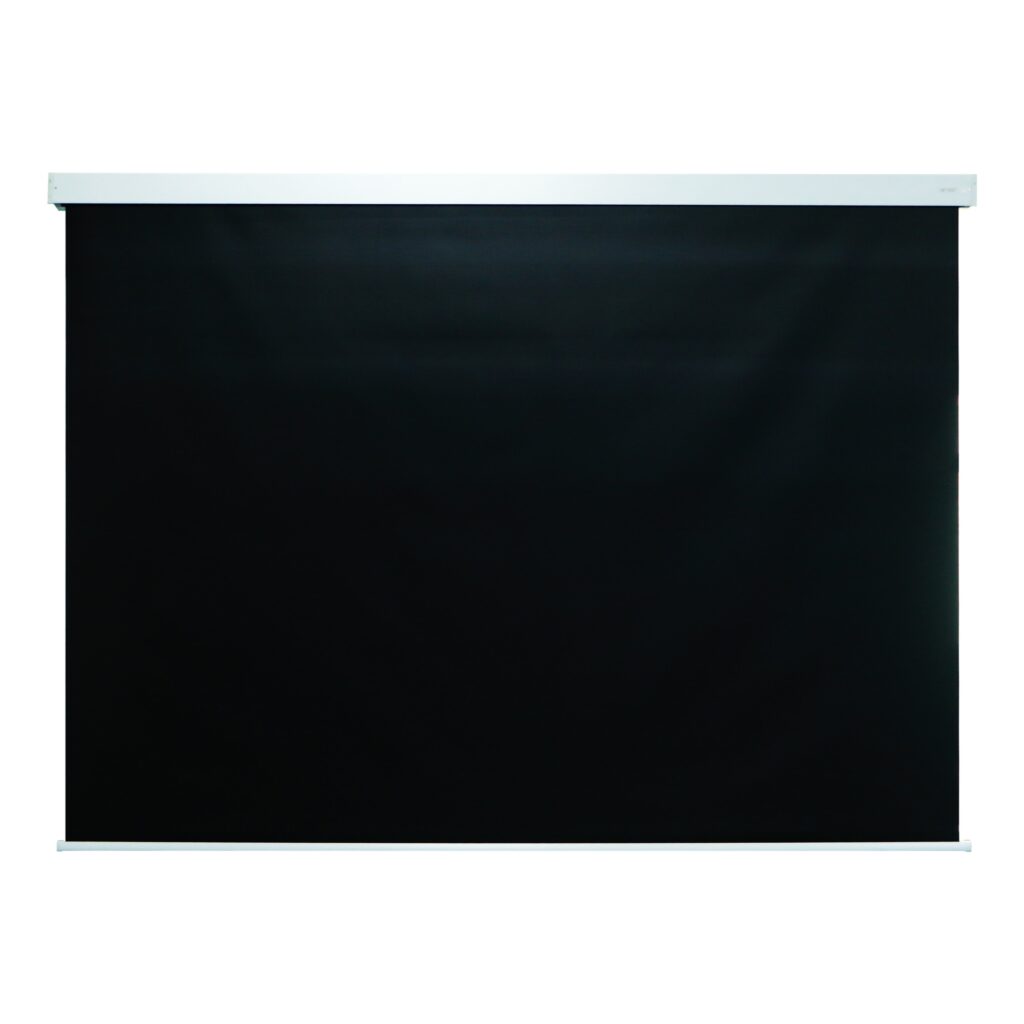 Square housing electric projection screen back view on white background