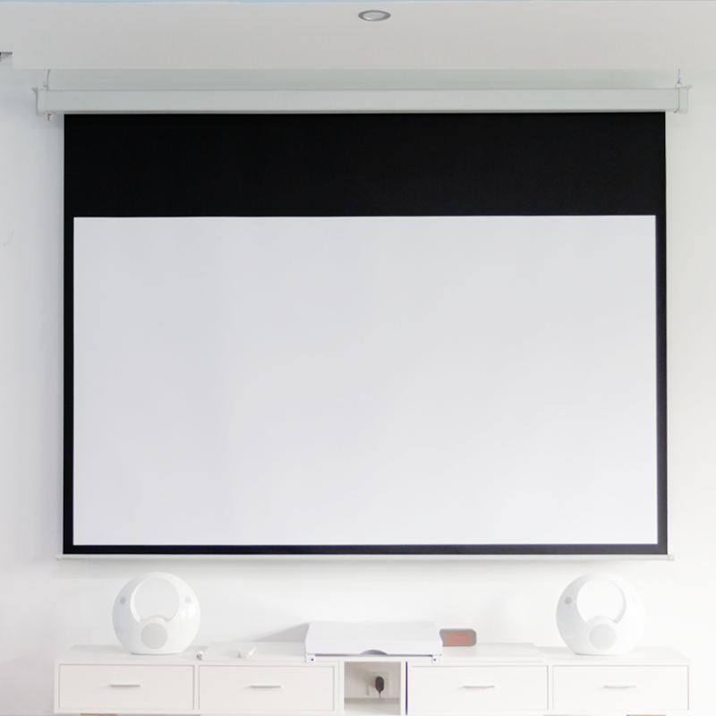 Square housing electric projection screen installed front view