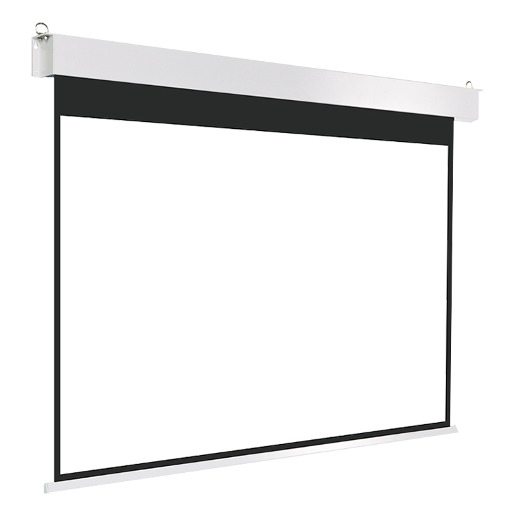 Square housing electric projection screen left view on white background