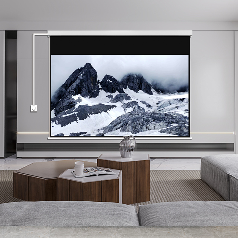 Square housing electric projection screen installed in a modern living room